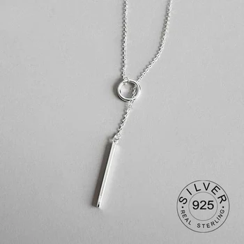 

Real 925 Sterling Silver Circle Strip Long Chain Necklace Collares Kolye Bijoux Femme Sweater Pendant Necklace