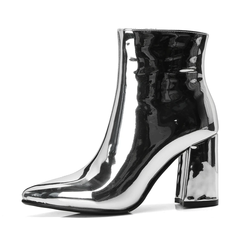 

2019 New Sliver Gold Women Ankle Boots Pointed Toe Chunky High Heel Boots Mirror Metallic Women Pumps Female Sexy Stiletto Boots