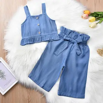 

2Pcs Set Baby Girl Clothes Children's Spring Summer Sleeveless Sling Ruched Solid Color Vest Tops Bowknot Wide Leg Pants Set XY2