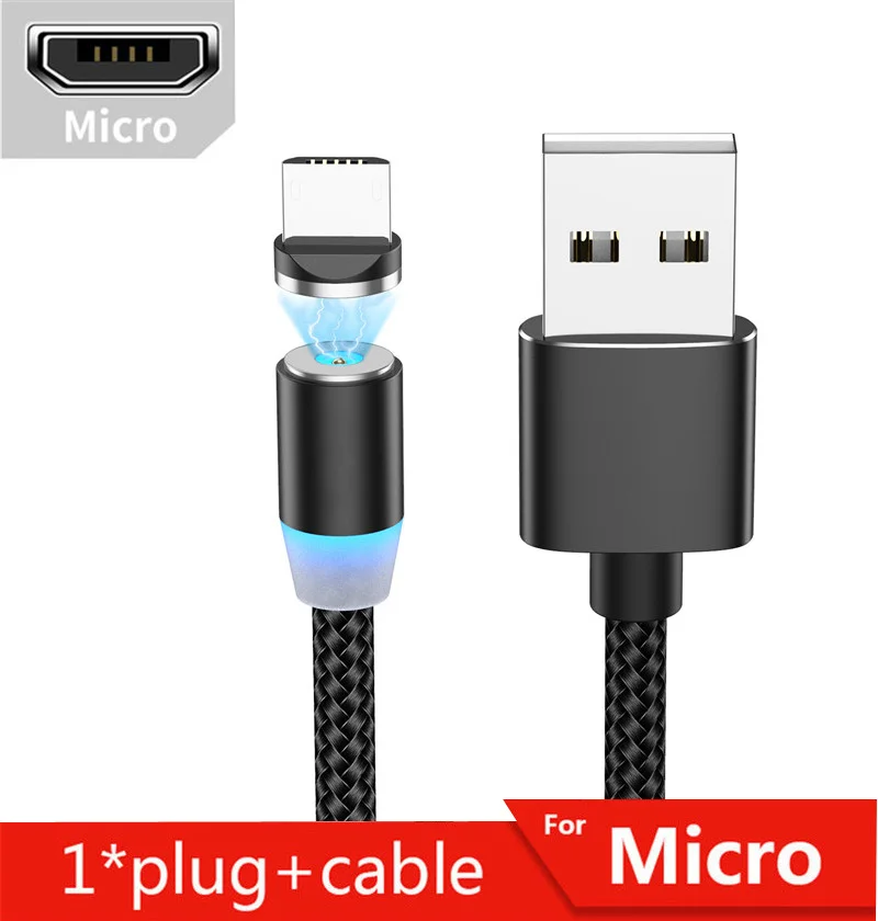 Tkey 1 м 2 м нейлоновый usb type-c светодиодный кабель на магните для iphone USB быстрое зарядное устройство для телефона для huawei samsung Xiaomi и LG - Цвет: Black for  Micro