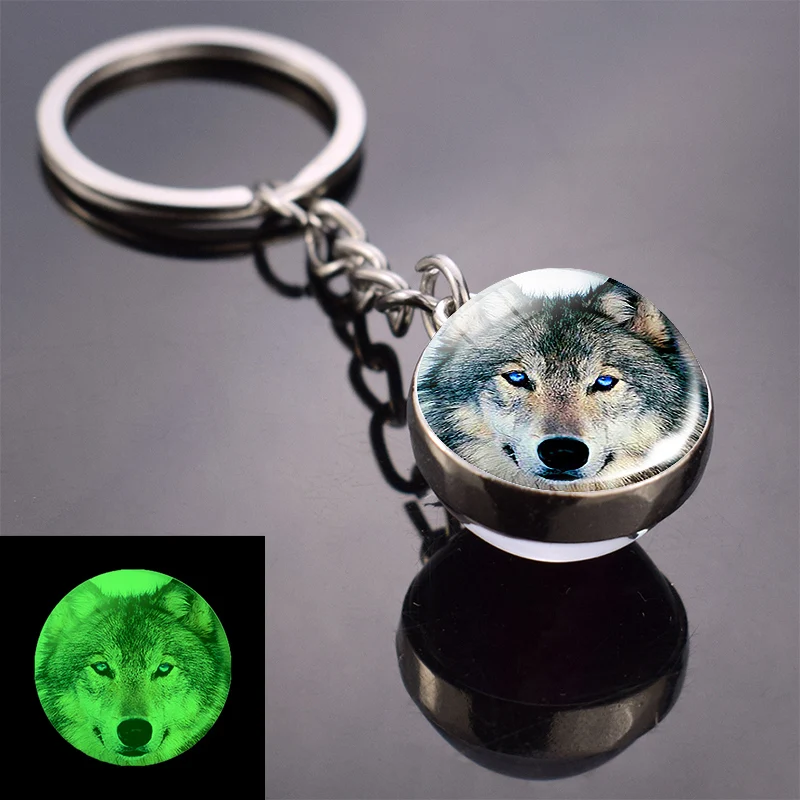 Glow in Dark Jewelry Howling Wolf Keychain Wolf Luminous Glass Cabochon Pendant Keyring Double Side Glass Ball Keychain - Цвет: As show 19