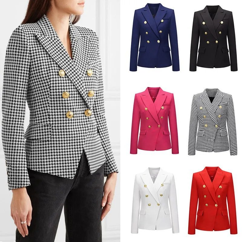 Laamei Blazer Jacket Women Double Breasted Metal Buttons Plaid Blazer Suit Jacket Office Lady Business Blazer Feminine Outwear