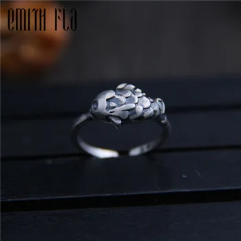 

Genuine 925 Sterling Silver Female Vintage Simple Open Rings Fish Design Fashion Jewelry For Women Opening Adjustable Ring