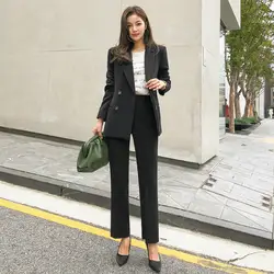 Высокое качество, женские костюмы, брюки, набор, 2019, новый осенний тонкий офисный черный женский пиджак, Блейзер, повседневные брюки, костюм