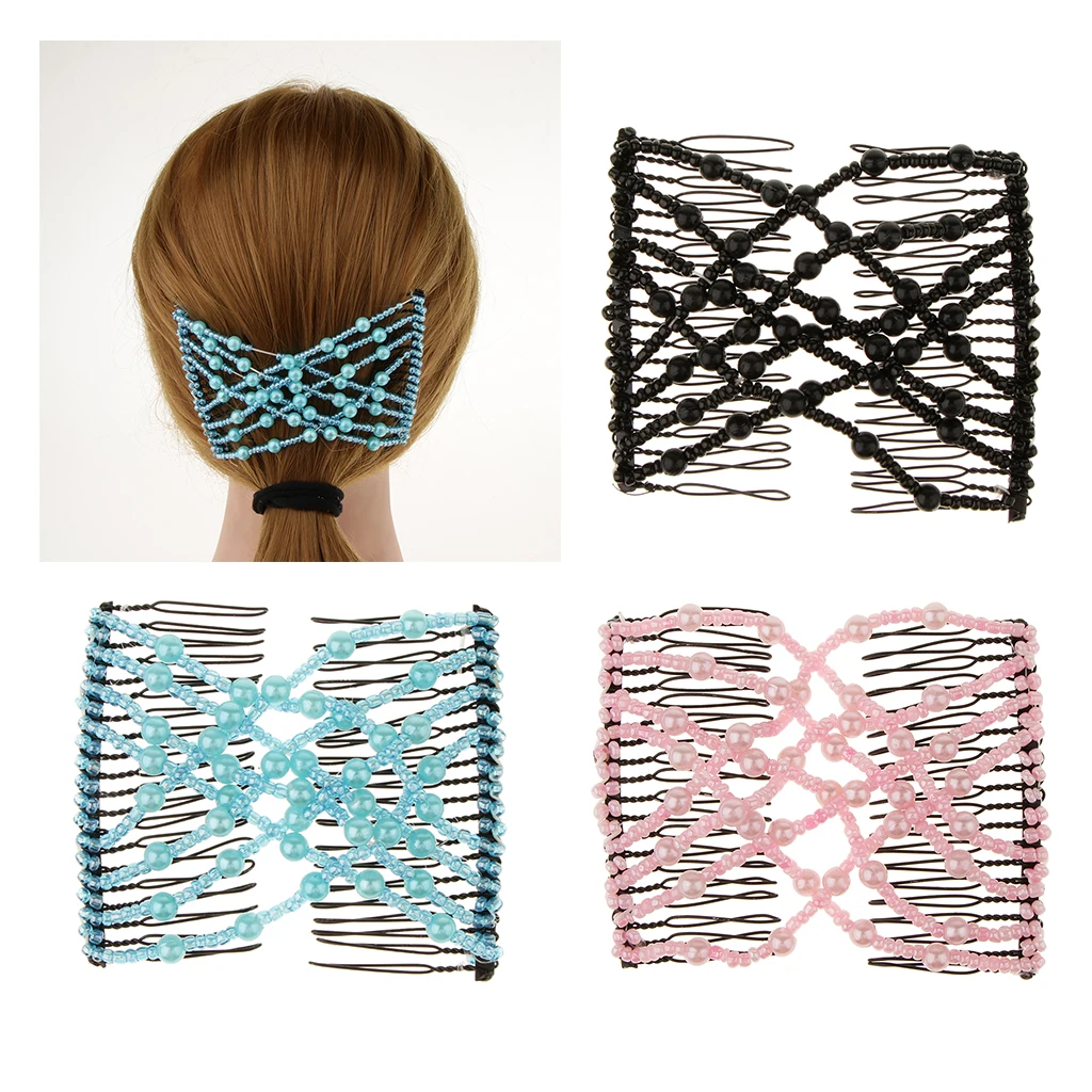 Women's Double Hair Comb Magic Beads Elastic Clip Stretchy Hair Combs