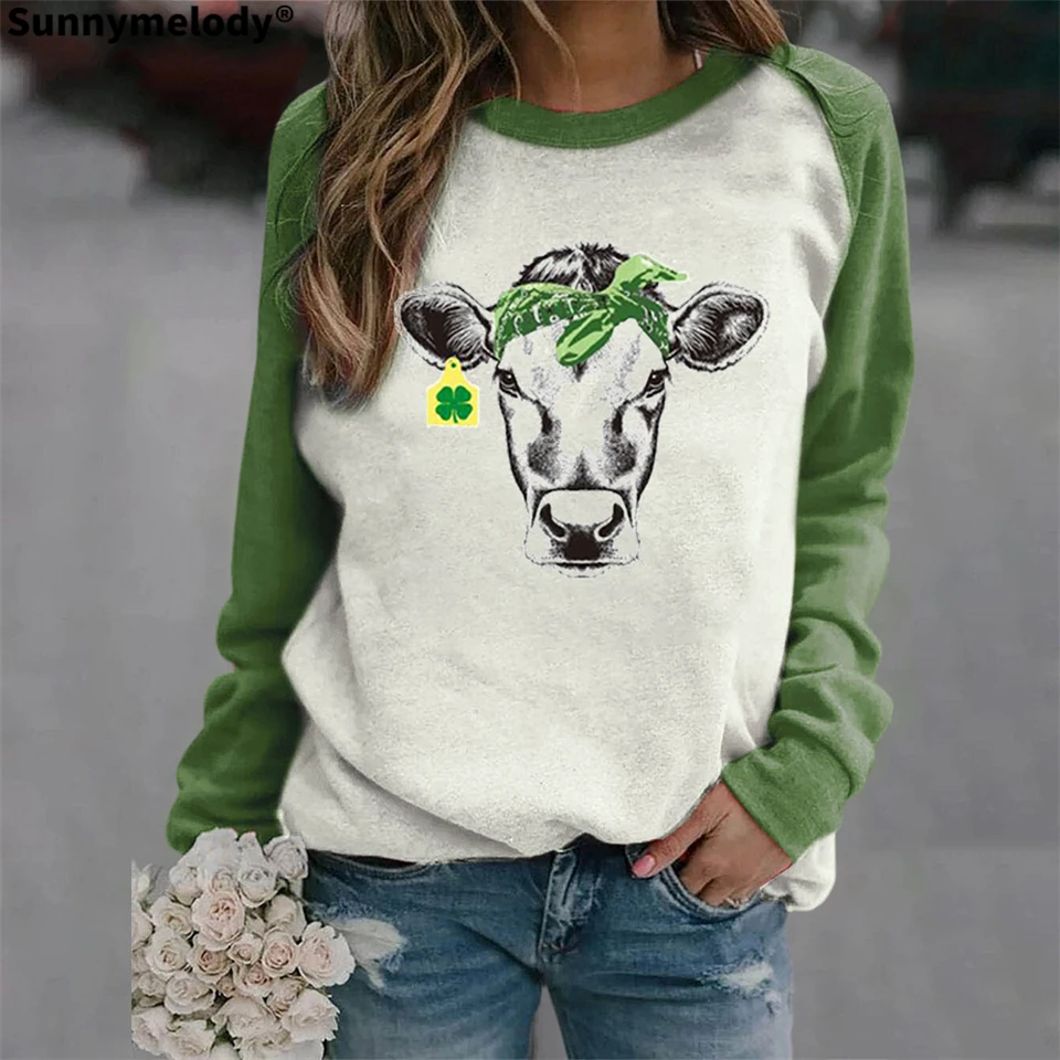 

2020 Autumn winter fashion home casual women's hoodie leaf cow head pattern printed round collar with shoulder and long sleeve