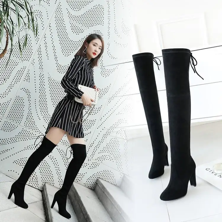 

Female knee-high boots suede boots had knee high boots point thick with high heels stretch velvet