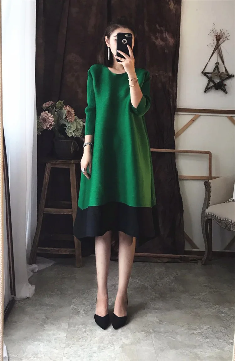 Повседневная складчатая одежда Miyake Fold лоскутное ТРАПЕЦИЕВИДНОЕ свободное платье Новая мода до колена три четверти рукав сплошное винтажное платье