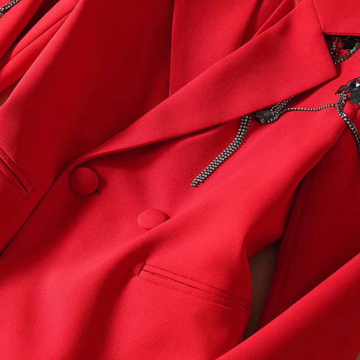 Red RoosaRosee/осенний Женский комплект из 2 предметов, модный блейзер с длинными рукавами с кисточками и бриллиантами+ штаны, костюм, женский офисный костюм