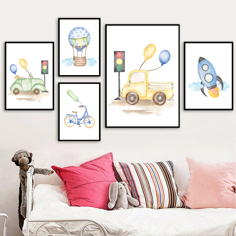 Cute Car Truck Boat Rocket Bicycle Helicopter Nursery Wall Art Print Canvas Painting Nordic Poster Decor Pictures Baby Kids Room