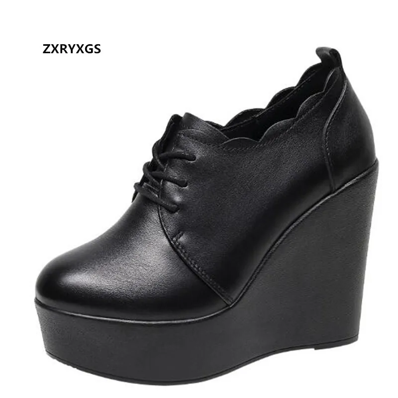 

2023 Spring Lace-up Deep Mouth Genuine Leather Shoes Platform Wedges Heighten Shoes Warm Winter Shoes High Heels 6 / 8 / 11 Cm