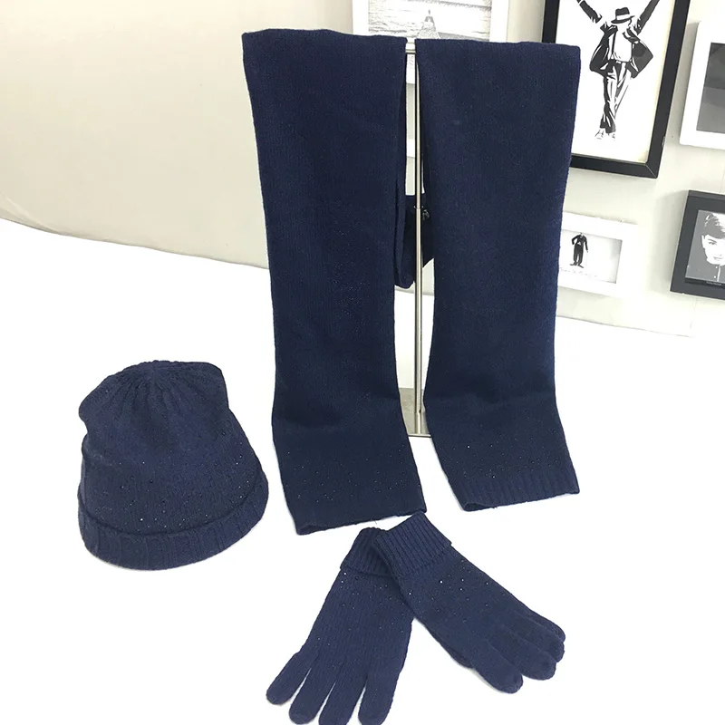 Теплые зимние шапки бини для женщин вязанные крючком шерстяные шарф и шапка перчатки набор для мужчин и женщин подходящие шапки сплошной цвет - Цвет: navy