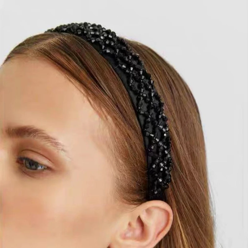 

Find Me Handmade Woven Crystal Headband Vintage Wide-brimmed Beaded Mesh Cloth Headband Women Fashion Hair Jewelry Accessories