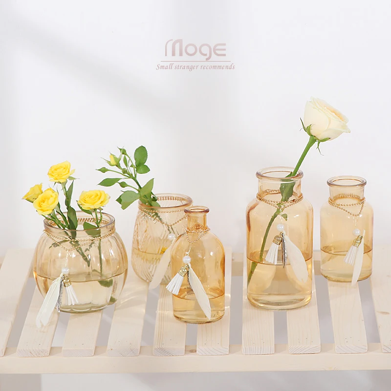 

Nordic Simple Yellow Glass Small Vase Decoration Light Luxury Transparent Glass Living Room Dried Flower Vase Decoration