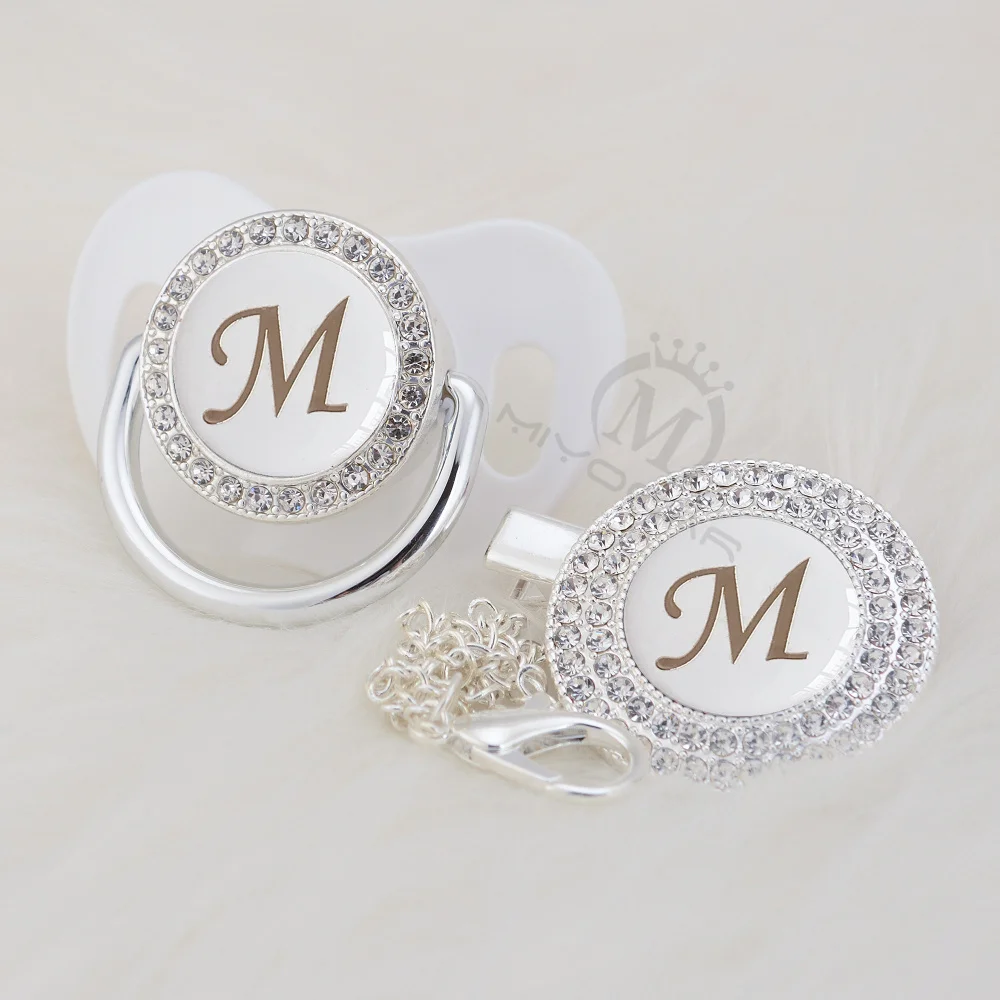 MIYOCAR серебряное имя bling Начальная буква M красивая шикарная пустышка и пустышка зажим BPA бесплатно пустышка bling babyshower подарок LM-1