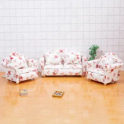 Ensemble de meubles en bois, Simulation 1:12, Mini meubles de maison, salon, Micro décoration de scène, canapé à fleurs, ensemble de trois pièces 
