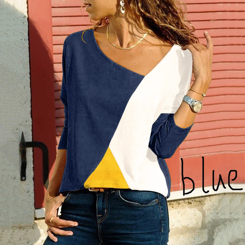 Новая женская Повседневная рубашка с длинным рукавом, женская модная свободная футболка, хлопок, простроченные топы, пуловер, рубашки размера плюс S-5XL - Цвет: Синий