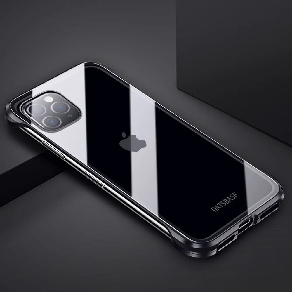 Oatsbasf, металлический чехол из закаленного стекла для телефона для Iphone 11, 11pro, Простой Прозрачный чехол для Iphone 11 pro max - Цвет: black