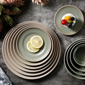 

European green gray imitation ceramic home kitchen tableware dessert steak salad snack cake storage decorative plate tableware