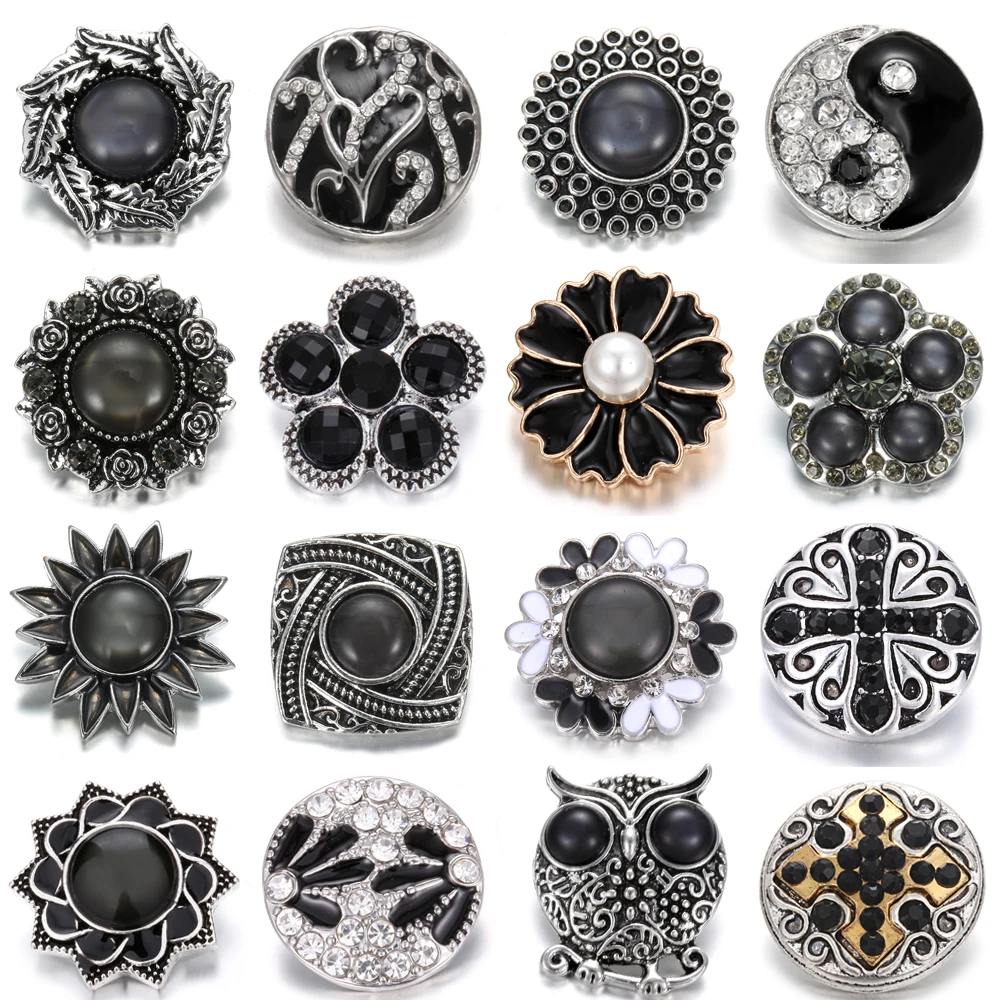 

6pcs/lot New 18mm Metal Snap Buttons Jewelry Multi Style Black Buttons Jewelry Fit 18mm Bracelet Bangle Button Jewelry