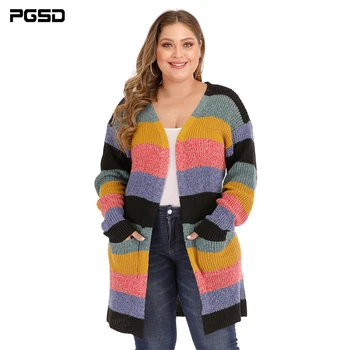 

PGSD Autumn winter Color stripe Big size Women Knitted sweater Long cardigan large pocket casual warm coat Plus Loose clothes