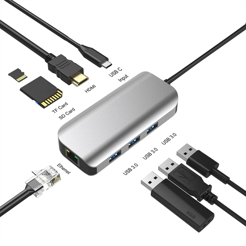 8 в 1 Usb C концентратор док-станция Usb3.0 TF кард-ридер Тип C док-станция usb-хаб для ноутбуков huawei Usb расширитель HDMI VGA RJ45