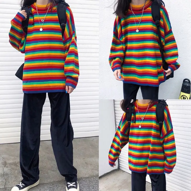 Женский Осенний вязаный свитер с длинным рукавом в Корейском стиле Харадзюку С Разноцветными полосками, свободный джемпер в стиле хип-хоп, пуловер, туника, топы