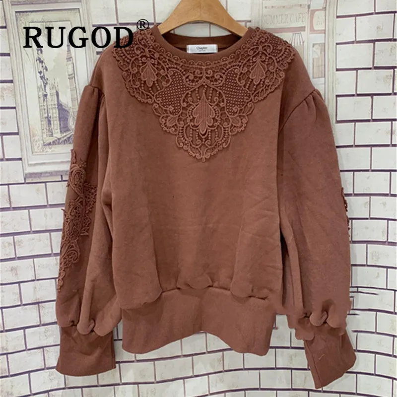 RUGOD, новинка, зимняя теплая Женская толстовка с круглым вырезом, кружевные свободные трикотажные пуловеры, корейский шик, модная женская элегантная винтажная Толстовка