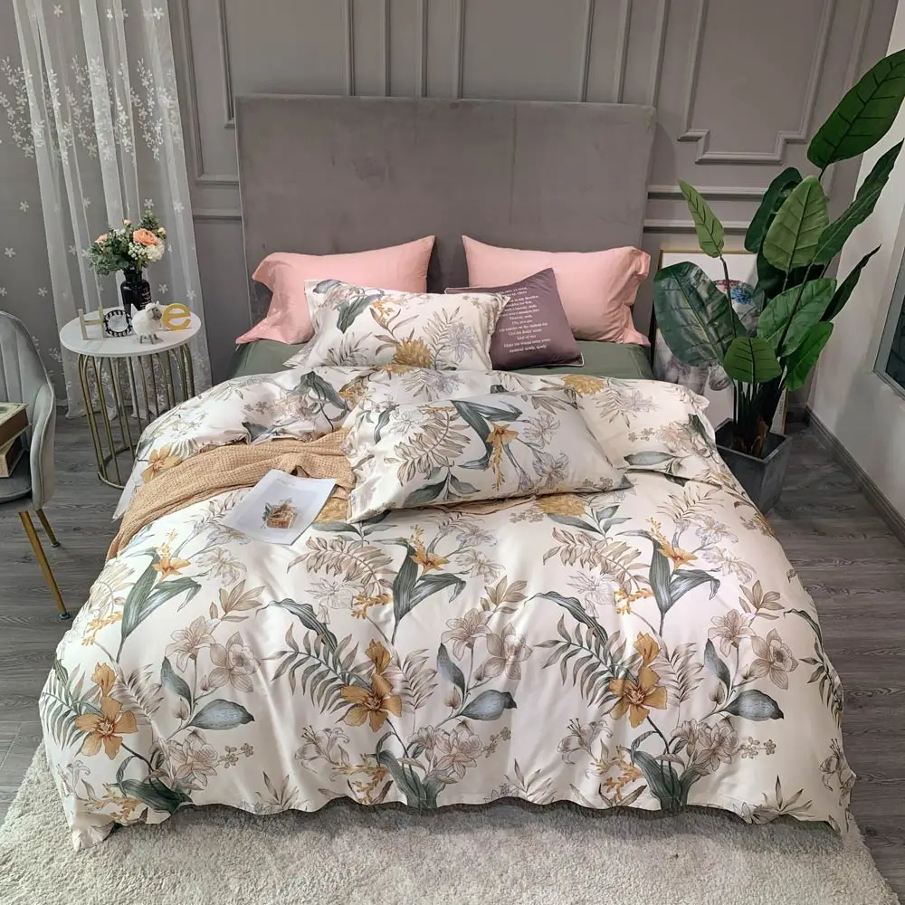 

White Pastoral Flowers Leaves Beige High Count Egyptian Cotton Bedding Set Queen King Size Bedlinens Flat sheet Duvet Cover Set
