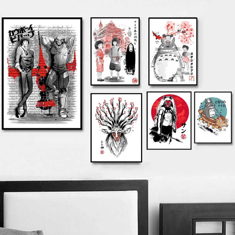 Neighbor Totoro Cowboy Spirited Away Anime Minimalist Poster Prints Canvas Oil Painting Art Wall Pictures Living Room Home Decor Aliexpress Hogar Y Jardin