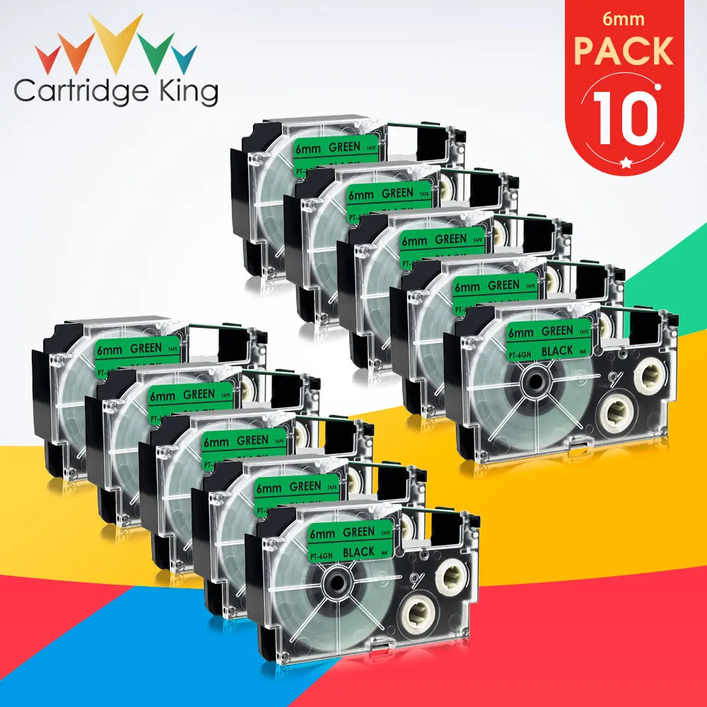 

10PK XR-6GN Labels Tapes XR-6GN for Casio Black on Green 6mm for Casio Label Printer KL-60 KL-120 KL-H25 KL-H30 KL-H35 KL-H50