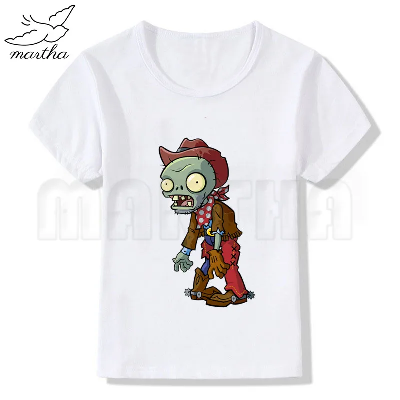 Plants Zombies Cartoon Fashion Funny Print T-shirt Kids Summer O-Neck Tops Boys& Girls White Tshirt
