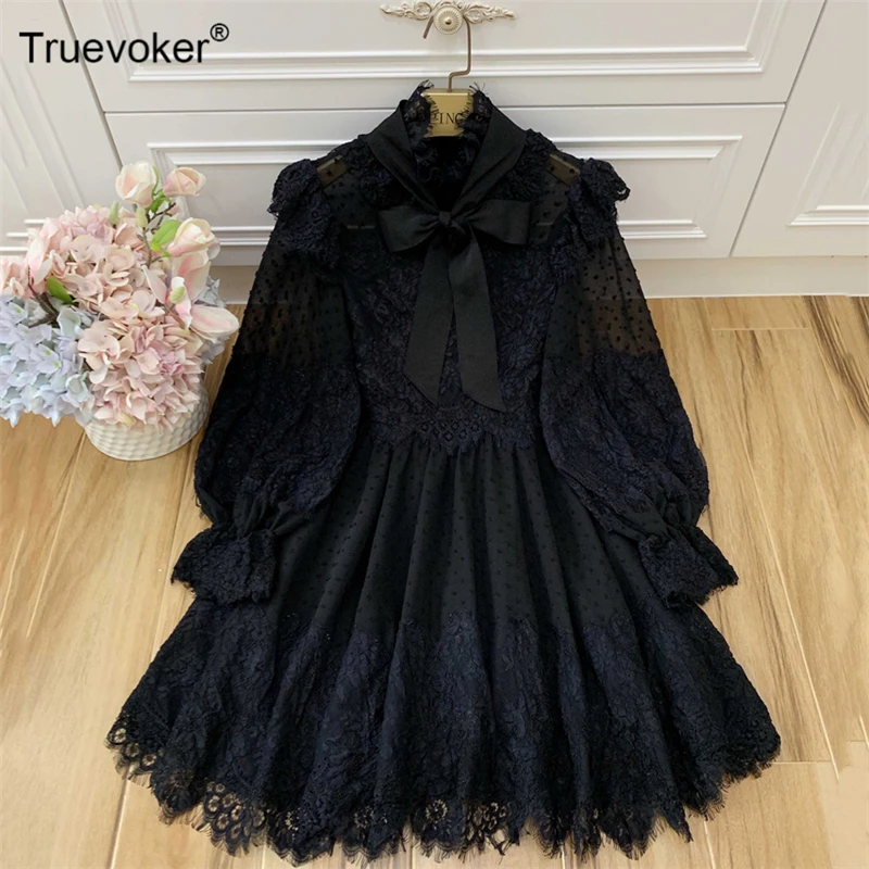 Truevoker дизайнерское Европейское Эксклюзивное платье для женщин, высокое качество, стоячий воротник, пышные рукава, кружевная вышивка, вязанное крючком милое платье