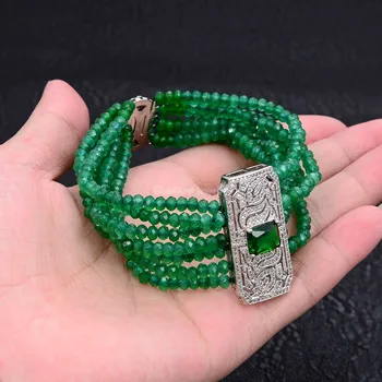 

GuaiGuai Jewelry 8'' 7 Rows Green Rondelle Jade Gems Stone CZ Pave Connector Bracelet