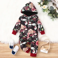Barboteuse épaisse pour bébé de 0 à 18 mois, vêtements d'hiver, imprimé floral, simple boutonnage à capuche, manches longues, combinaisons pour bébé 