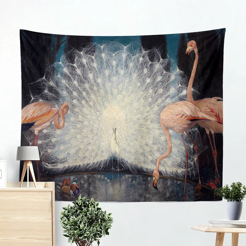 Oil Painting Peacock Flamingo Parrot Crane Home Tapestry Wall Hanging Beach Towel Sitting Blanket Instagram Decor | Дом и сад