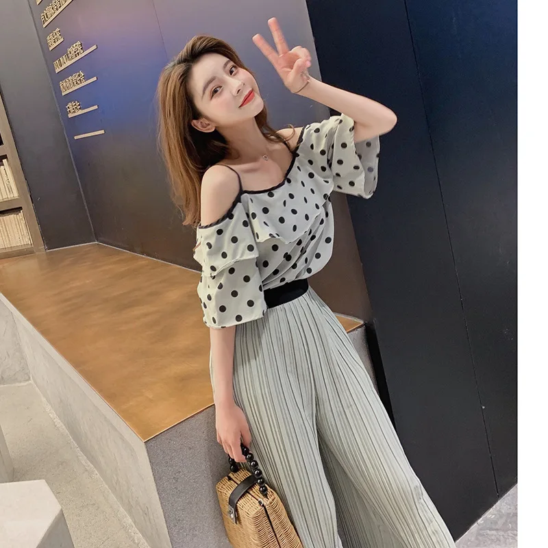 

Customizable Women's 2019 Summer New Style Polka Dot Top Shirt with Narrow Straps + High-waisted Pleated Casual Loose Pants Two-