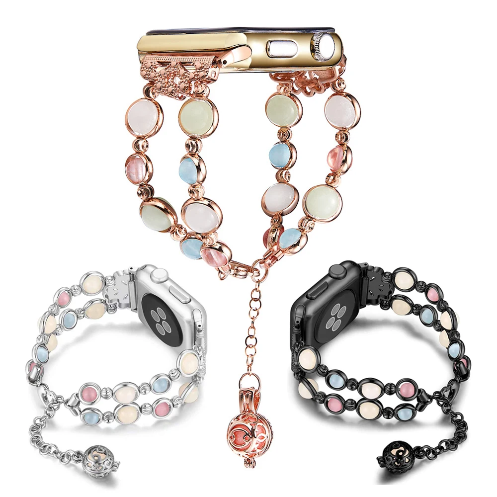 

Ночной светящийся ремешок для Apple Watch, эластичный ремешок с бусинами и жемчугом, женский браслет для часов iWatch SE Series 6 5 4 3 2