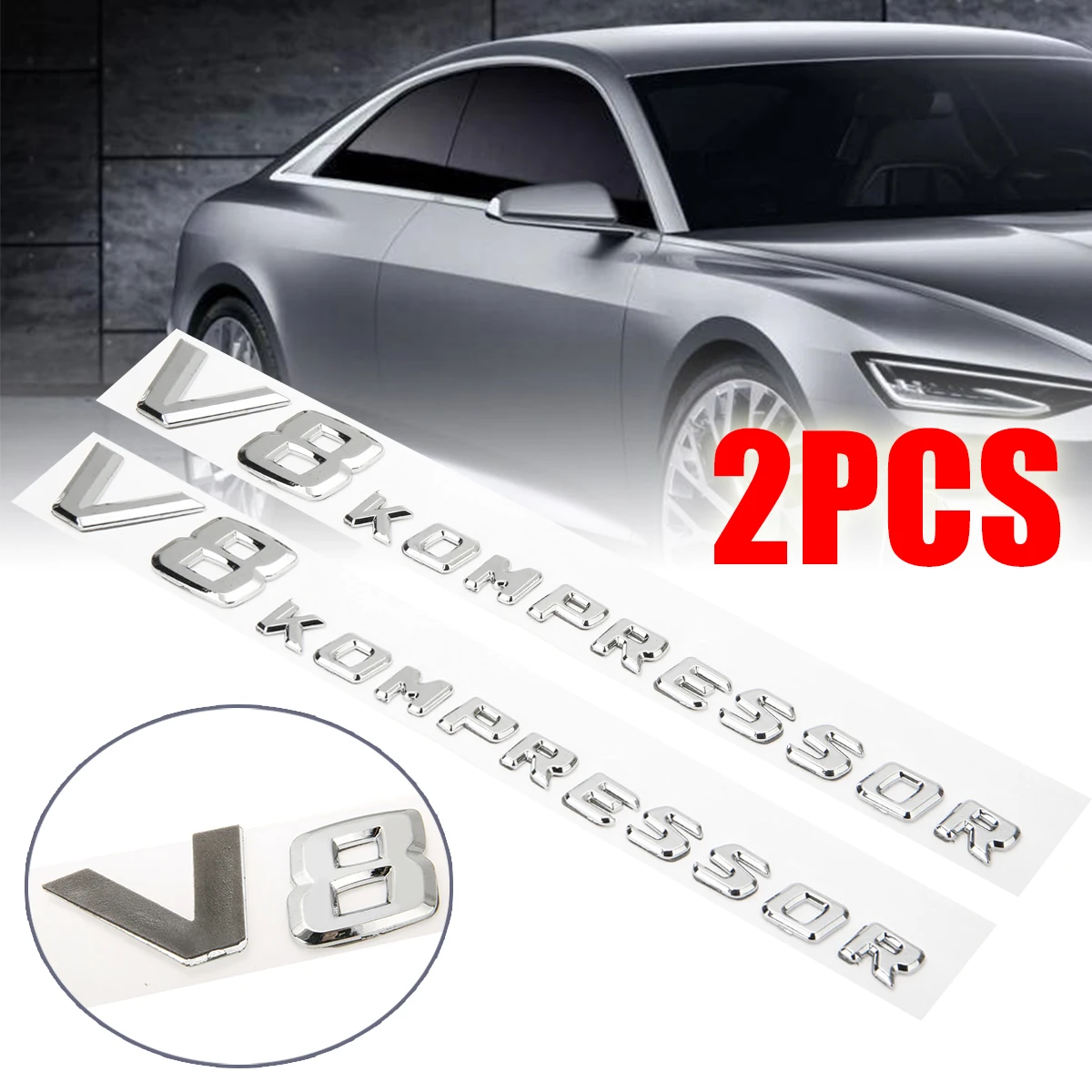 2PCS V8 Kompressor Auto Letter Emblem Badge Chrome Side Fender Sticker 3D Design For Mercedes