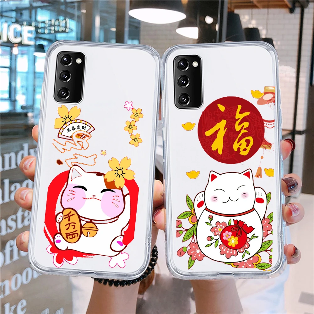 

PUNQZY Lucky Cat Soft TPU Phone Case For Samsung Galaxy A51 A71 A50 A70 A30 S20 S11 S10 S9 S8 A20 Transparent Chinese Style Case