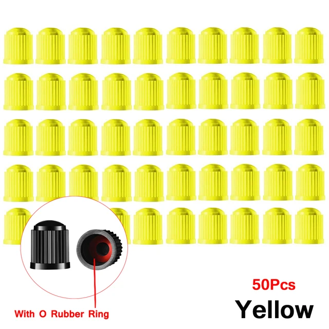 AUTCOAT Tire Stem Valve Caps, with O Rubber Ring, Universal Stem Covers for Cars, SUVs, Bike and Bicycle, Trucks, Motorcycles Yellow-50Pcs
