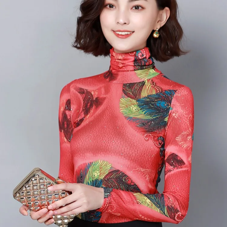 

Base Shirt Women's Long-Sleeve Large Size T-shirt Fashion Tops 2019 Autumn New Style Western Style Sweater Versatile High Collar