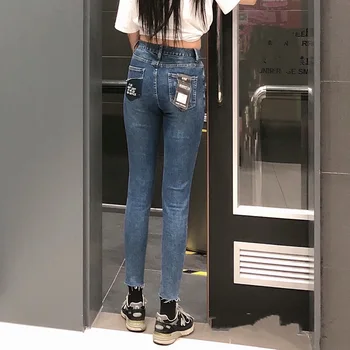 

High-waisted Jeans Women's Slim Pocket Printed Pencil Pants Feet Pants 2020 Women Clothes Spring And Autumn Pants