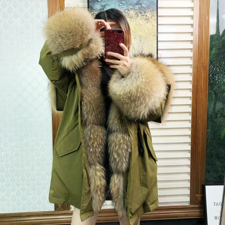 MaoMaoKong2019 длинный WnterJacket женская верхняя одежда толстые парки енот природный натуральный мех воротник пальто с капюшоном натуральный теплый лисий мех