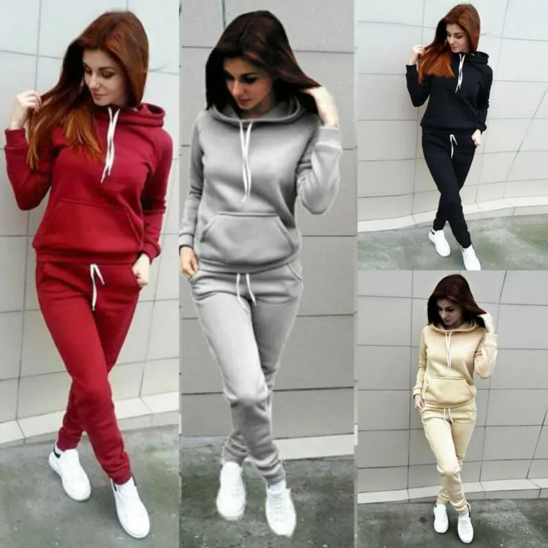 

Autumn Warm Women Sport Set Hoodies Tops Pants Tracksuit Sweatshirt Sweatsuit Fashion Casual Solid Loose Pullover Sweatshirt Set