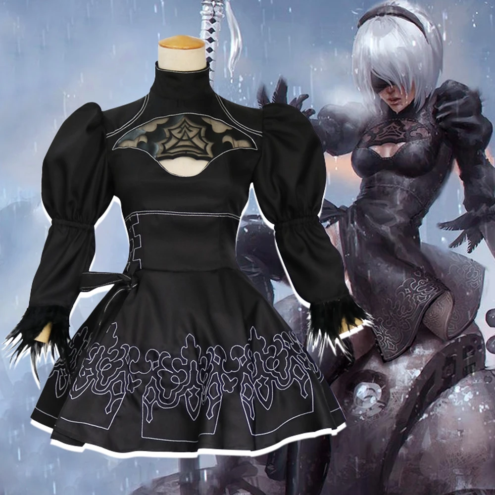 Game Nier Automata Yorha 2B Cosplay Costume Anime Uniform Suit Women Girls Halloween Party Fancy Outfits Black Dress Wig Set |