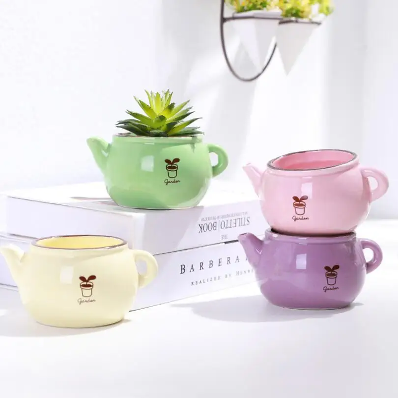 Techome Multicolor Creative Ceramic Teapot Shape Planter Cute Ceramic Teapot Shape Planter