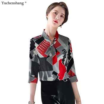 

Elegant Spring Summer Women Blouse Tops Female Shirts Three Quarter Sleeve Print Bow decoration Size S-4XL Formal Work Blouse