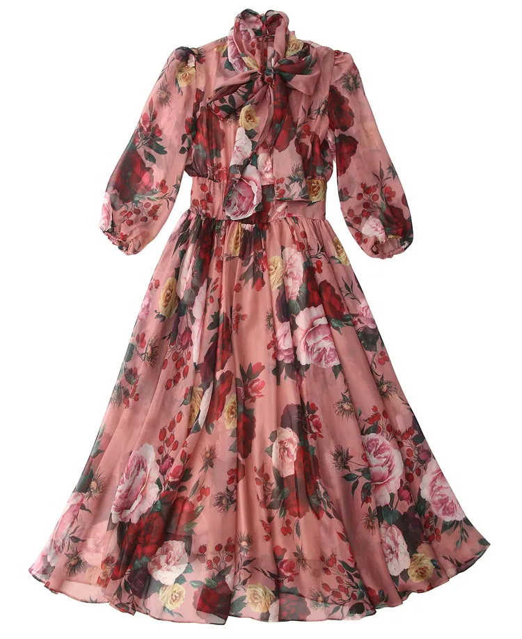 MoaaYina модное дизайнерское подиумное платье Весна Лето женское розовое платье Бант воротник Роза цветочный принт элегантные шифоновые платья