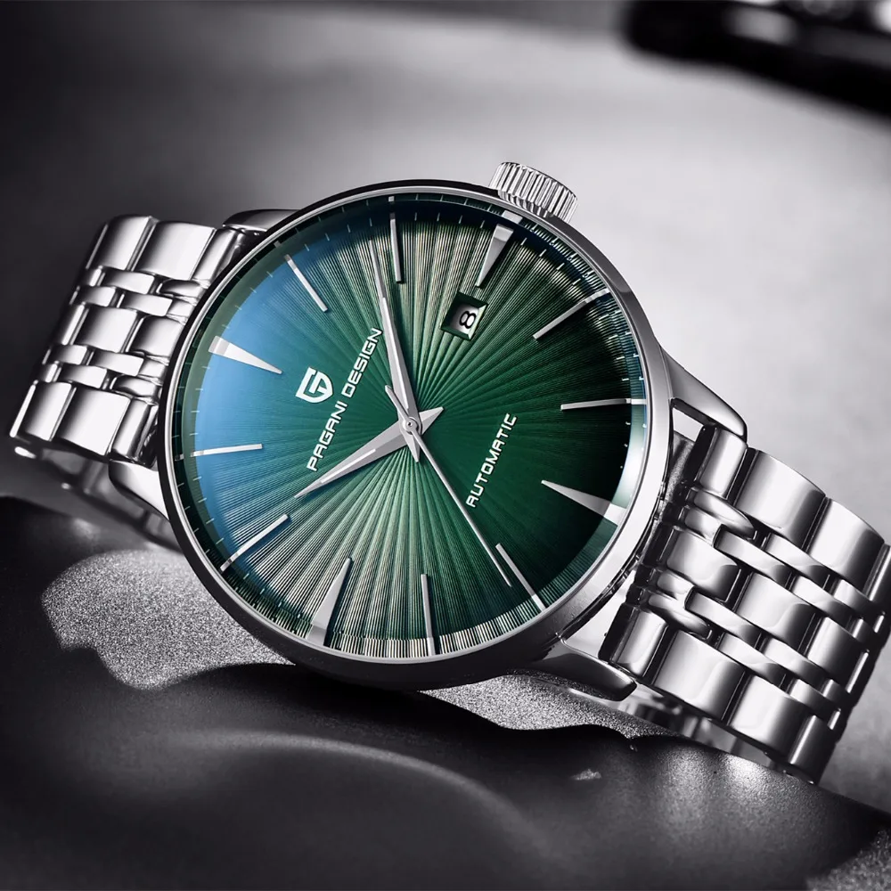 PAGANI DESIGN New Green Men Watches Waterproof Automatic Mechanical Wristwatches Mens Steel Leather Watchband Watch reloj hombre